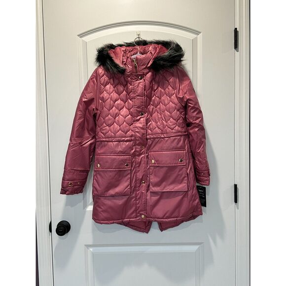 NWT London Fog Dusty Pink Quilted Faux Fur Puffer Coat Girl's Large - Picture 1 of 12